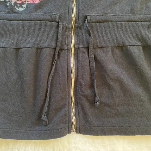 Women's Black Activewear Short-Sleeve Zip-Up Jacket, Bird Graphic Y2K style - Picture 3 of 10